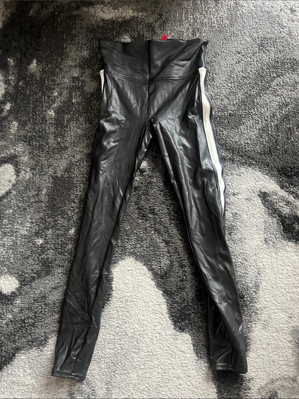 SPANX Black Faux Leather Leggings with White Side Stripe